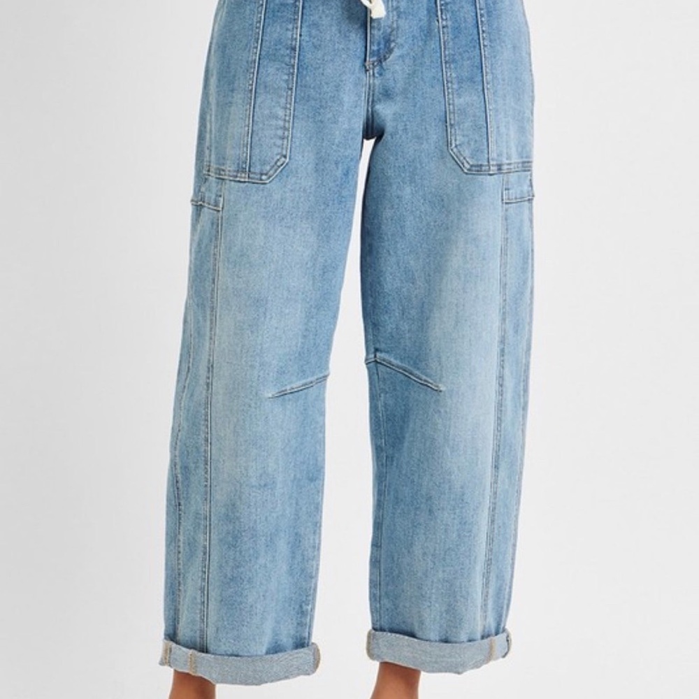 Risen Barrell Leg Pocket Denim Crop Blue Jeans - Picture 2 of 4